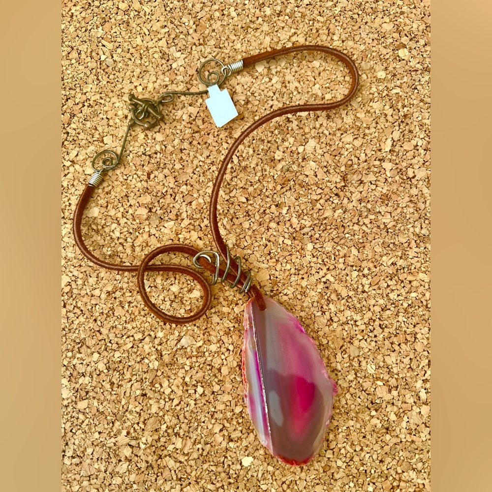 Handmade Pink Agate Pendant Gemstone Slice Necklace on a leather cord